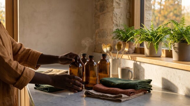 Person carefully arranging amber glass bottles beside folded linen textiles on a marble countertop