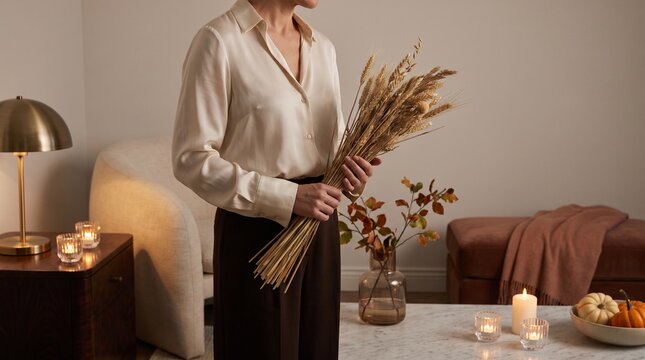 Woman holding dried wheat bouquet in elegant cozy living room interior during autumn season