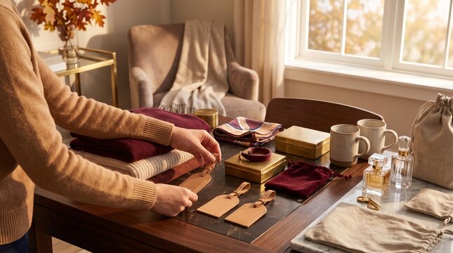 Person organizing leather luggage tags beside folded sweaters on a wooden dining table indoors