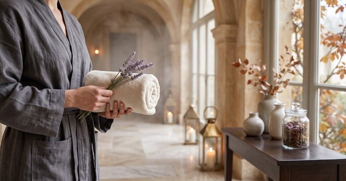 Person holding rolled white towel with fresh lavender sprigs inside elegant serene wellness
