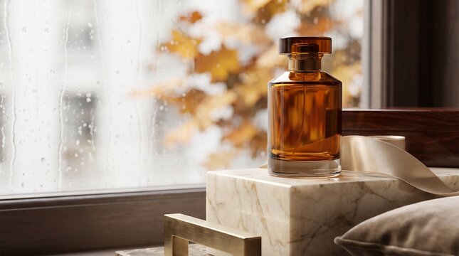 Amber glass fragrance bottle displayed elegantly upon polished marble pedestal near rainy window