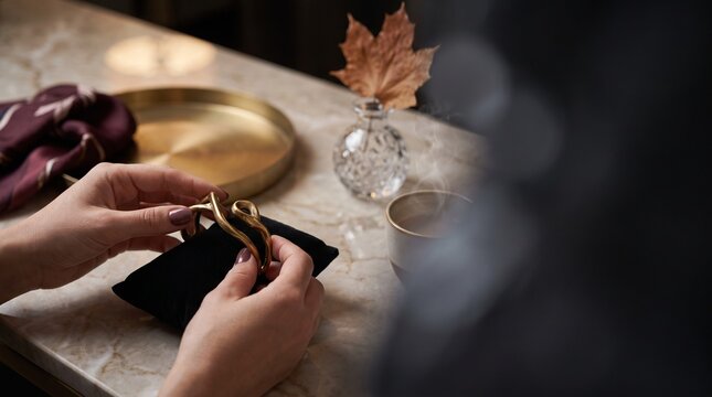 Woman holding elegant gold bracelet over black velvet cushion on marble tabletop surface setting