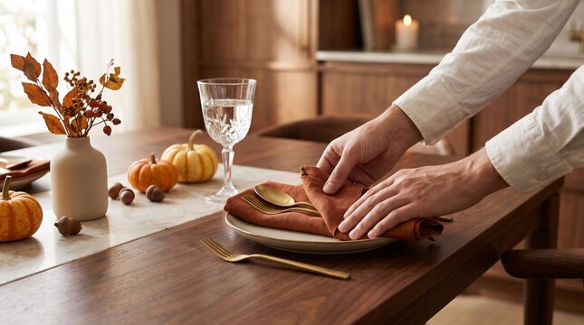 Person carefully arranging linen napkin setting wooden table seasonal autumnal decor interior home