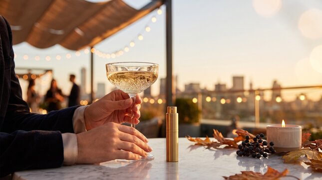 Person holding crystal champagne coupe glass beside fragrance atomizer on rooftop terrace at sunset