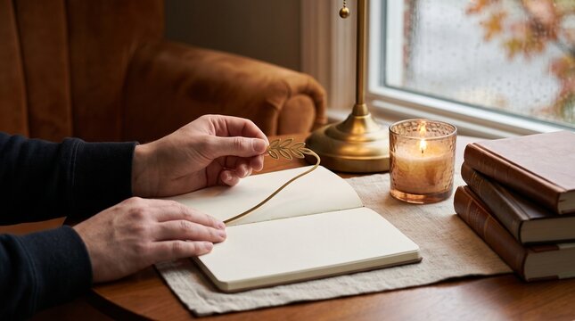 Person carefully placing elegant metal leaf bookmark into open blank notebook on wooden table