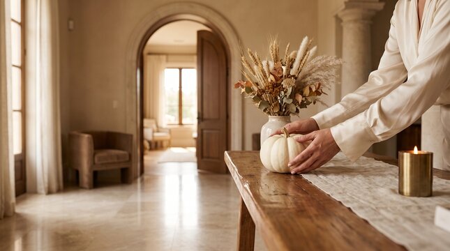 Person decorating rustic table with white pumpkin and dried botanical arrangement for autumn