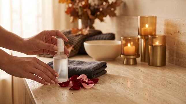 Person holding glass spray bottle beside petals and candles on natural stone countertop surface