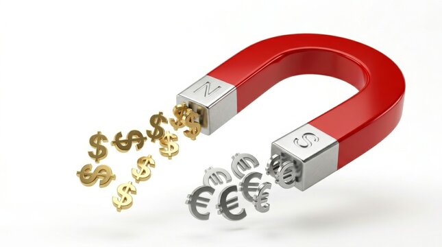 Magnet pulling in various currency symbols representing the idea of financial investment and growth opportunities