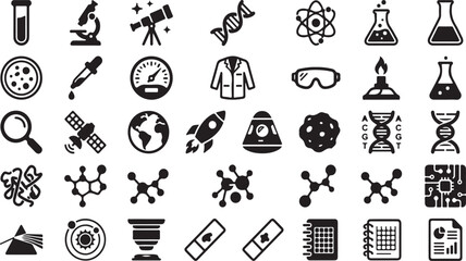 Obraz premium Science and laboratory set featuring chemistry glassware, research equipment, astronomical tools, and various scientific symbols