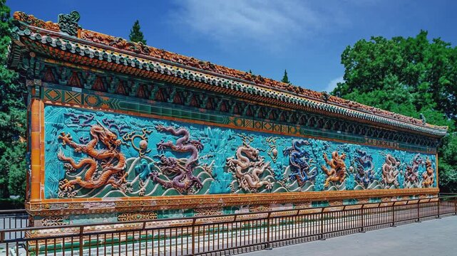 Timelapse of Nine-Dragon Wall at Beihai Park, Beijing, capturing sunlight on detailed glazed dragons and vivid traditional Chinese design.