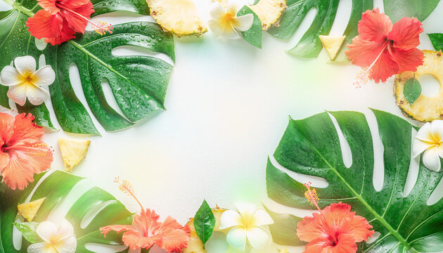 Tropical Summer Background with Monstera Leaves, Hibiscus, Plumeria and Pineapple Copy Space