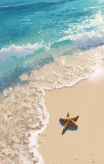 Artwork of a vibrant beach scene, showcasing the ocean's waves and a starfish on the shore © Syahrul