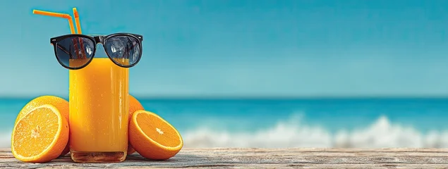 A tall glass of citrus juice with sunglasses, oranges, and straws, beach background © Syahrul