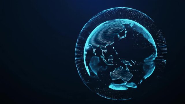 Digital globe abstract representation with glowing neon blue particle grid rotating slowly, symbolizing global network and digital technology, for futuristic concepts