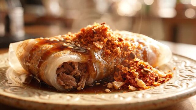 Savory Vietnamese stuffed rice roll on a plate.