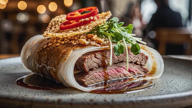 Plated gourmet beef wrap with microgreens and sauce.