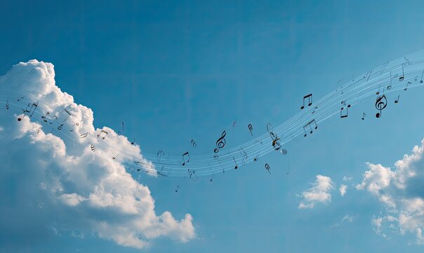 Cloudscape scene with musical notes flowing through the sky above a fluffy white cloud