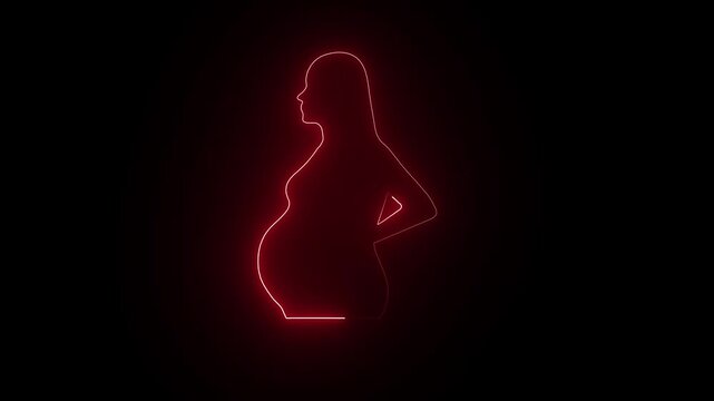 "Elegant neon pregnant mother animation featuring a glowing outline silhouette of an expecting woman gently holding her baby bump high-quality 4K motion graphics, no text, no logo, no watermark."