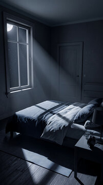 Night interior unusual lighting, pale moonbeam across made bed, long window frame shadow, dark sky with moon at top, no people