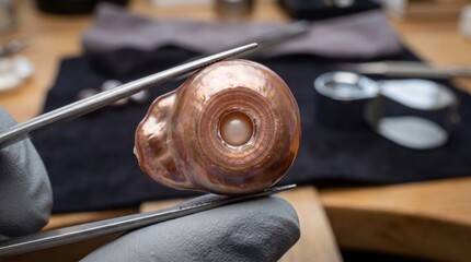 Fototapeta premium Baroque pearl gemstone held by tweezers in jewelry workshop.