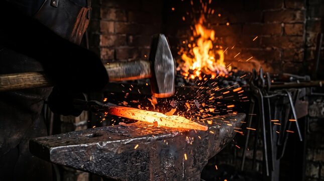 Blacksmith forging hot metal glowing red on anvil at workshop.