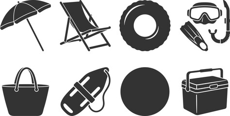 Summer Beach Vacation Silhouette Icons Set Featuring Umbrella Deck Chair Swim Ring Snorkeling Gear Tote Bag Flip Flop Beach Ball Cooler © MstRumana