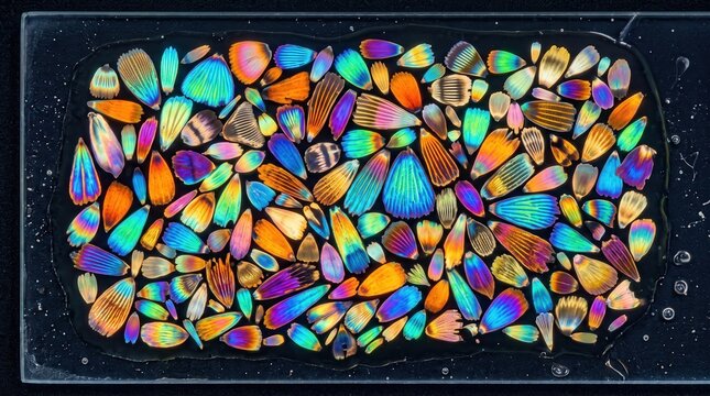 Collection of iridescent butterfly scales on glass surface.