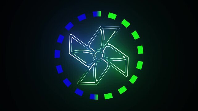 "Modern neon electric fan animation with high-quality 4K motion graphics, no text, no logo, no watermark with circle...