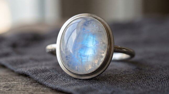 Elegant moonstone silver ring placed on textured dark cloth.