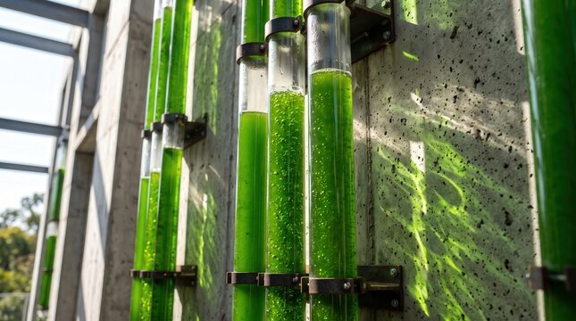 Glass tubes filled with bright green algae liquid installed on concrete wall for research facility.