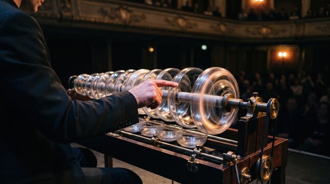 Glass armonica musical instrument being played in theater.
