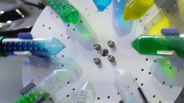 Ampoules with multi-colored liquid samples are mixed on a disk device in a medical laboratory, medical concept