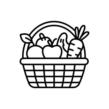 A clean minimalist outline icon showing a basket overflowing with fresh produce like carrots and apples. Symbolizes organic farming, sustainable agriculture, local produce, and healthy eating.