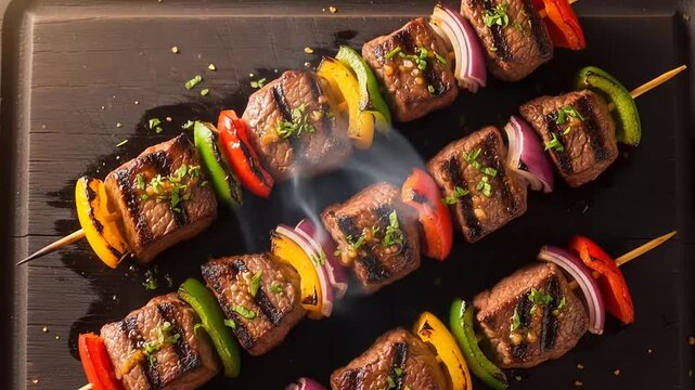 Freshly grilled meat and vegetable skewers on a dark wooden board