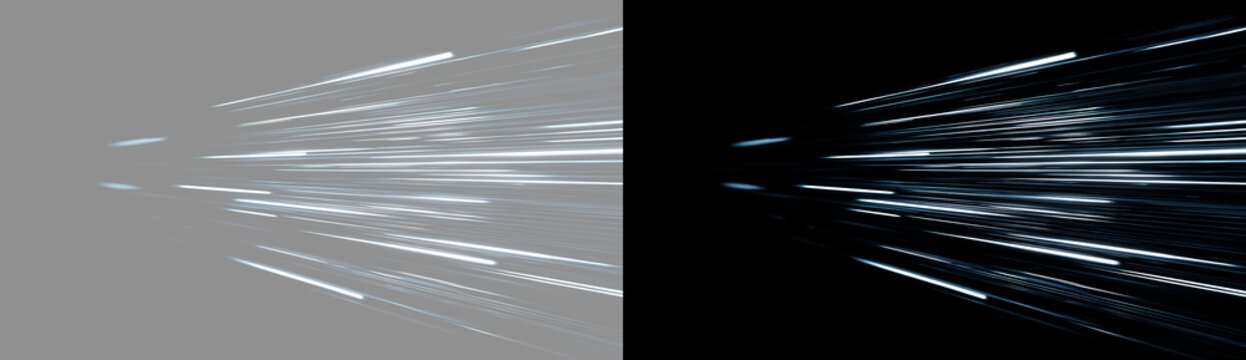 Abstract light streaks speed blur effect on dark and isolated background. Fast motion blur light trails burst zoom effect overlay. High speed glowing motion lines perspective effect