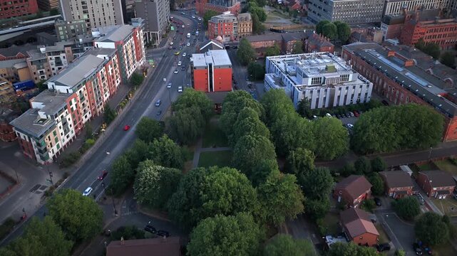 Aerial Video of St Stephen's Gardens, Trinity Way, and Salford Residential Neighbourhoods at Dusk