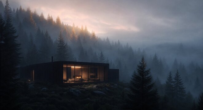 Modern Cabin in Misty Forest at Dawn with Sun Rays and Warm Indoor Light