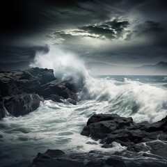 Obraz premium A rugged coastline during a gale with turbulent waves and sea spray against dark rocks.