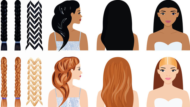 Set of various hair braiding styles and women hairstyles vector illustration