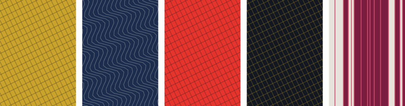 Seamless geometric pattern swatches set featuring grid mesh, wavy lines, and vertical stripes design in vibrant colors