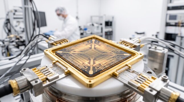 Close up of quantum computer processor chip being tested in high tech laboratory facility, advanced microchip technology with gold contacts and circuit patterns for next generat...