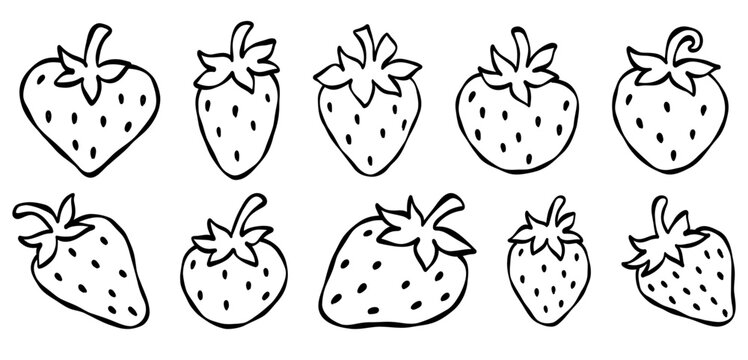 Hand Drawn Cute Strawberries Doodle Set, Fresh Fruit Berry Vector Collection