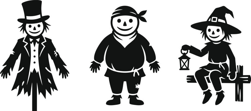 Set of three vintage style black and white illustrations featuring a scarecrow a pirate and a witch