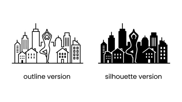 City Yoga: Two stylized representations, an outline and a silhouette, showcase a yogi performing a graceful pose amidst a city skyline, symbolizing the integration of wellness and urban living.