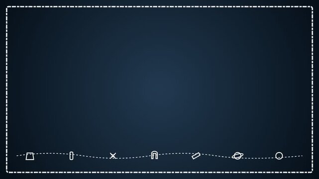 Dark blue background with a stitched border and a line of sewing icons at the bottom.