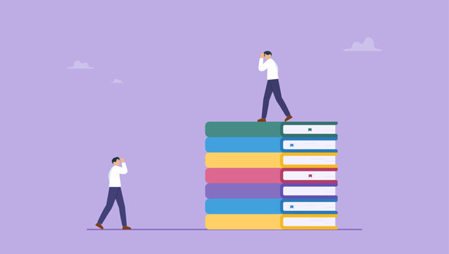 Success young man on top of stack of textbooks look at other on the floor. Education inequity, academic degree or institution bias, imbalance or chance or access to knowledge, school dropout concept.