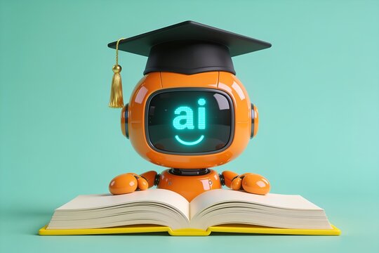 Cute orange robot student wearing a black graduation cap sitting behind an open yellow book with glowing blue digital screen interface on a solid background