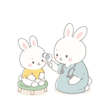 検温するかわいいウサギのイラスト　体温測定・健康チェック・医療