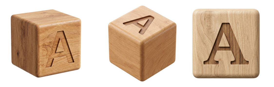 Wooden blocks featuring embossed letter A design displayed from multiple angles as high quality realistic 3d objects on transparent background