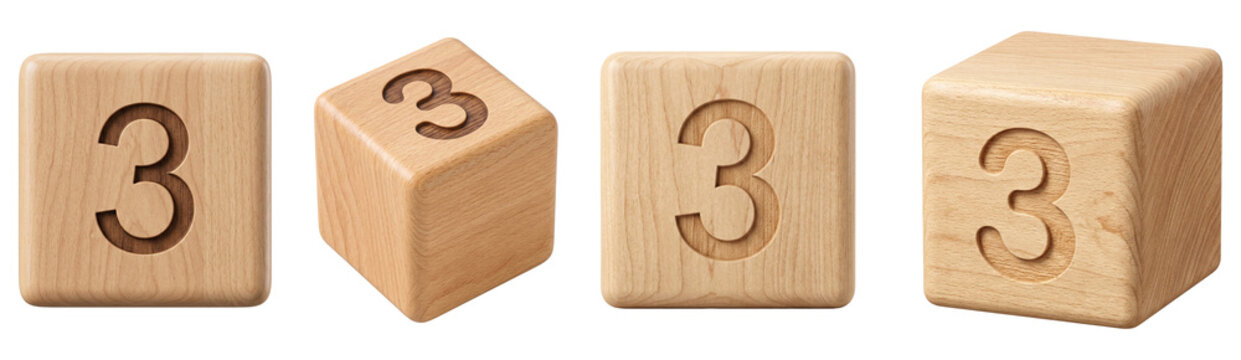 Wooden cubes featuring the number three carved into natural grain surfaces displayed from multiple angles isolated on transparent background